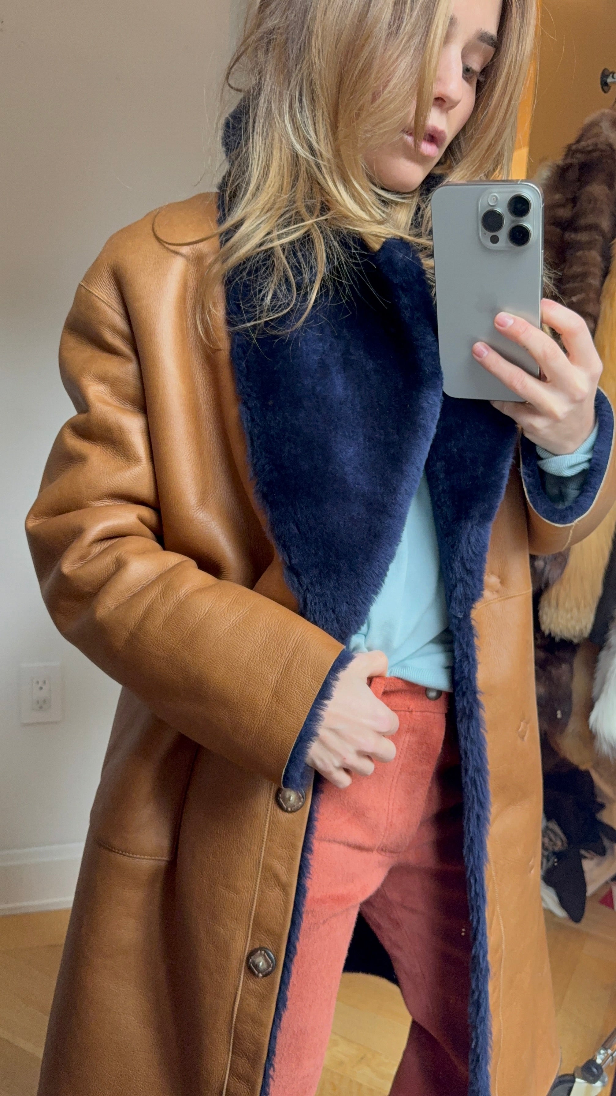 Shearling navy and leather coat